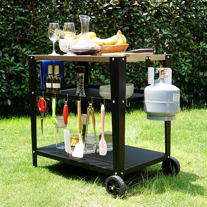 LEETOLLA Stainless Steel Outdoor Grill Cart with Wheels, Heavy-Duty 3-Tier BBQ Prep Table for Pizza Oven, Griddle, Patio ??Rustproof Commercial Kitchen Cart with Tool Hooks