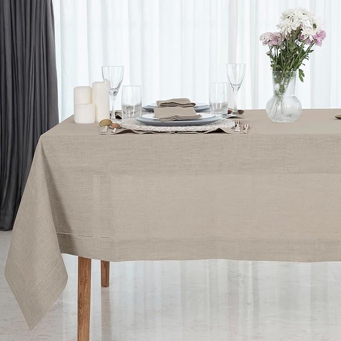 D'Moksha Homes Natural Linen Tablecloth for Rectangle Tables 60 x 144 Inch - 100% Pure Linen Natural Table Cloth - Classic Hemstitch, Machine Washable Dining Tablecloth for Valentines, Spring, Easter