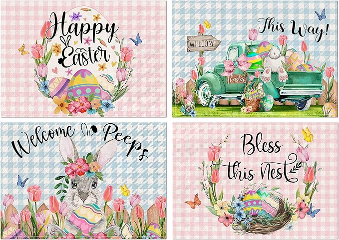Pinata Easter Placemats Set of 4, Easter Placemats 12x18 Inch for Dining Table, Bunny Rabbit Place Mats, Farmhouse Table Decor, Rustic Table Mats