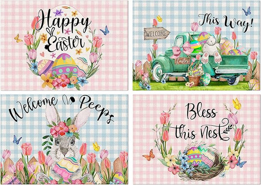 Pinata Easter Placemats Set of 4, Easter Placemats 12x18 Inch for Dining Table, Bunny Rabbit Place Mats, Farmhouse Table Decor, Rustic Table Mats