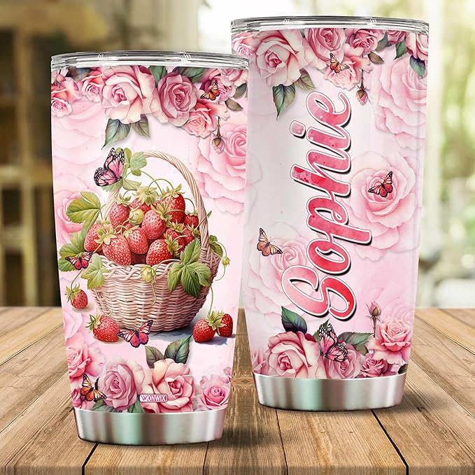 WONWIX Personalized Strawberry Gift for Women, 20oz Insulated Stainless Steel Coffee Mug Tumbler, Travel Cup, Gifts for Girls, Wife, Daughter, Christmas, Birthday, Mothers Day, Valentine