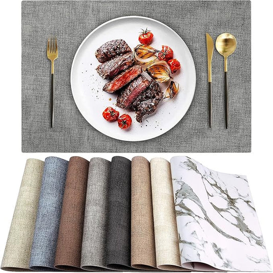 LANDVIEW Leather Heat Resistant Placemats Set of 6 Waterproof Wipeable Washable PU Table Mats,Easy to Clean Anti-Slip Place Mats (Light Grey, 6)