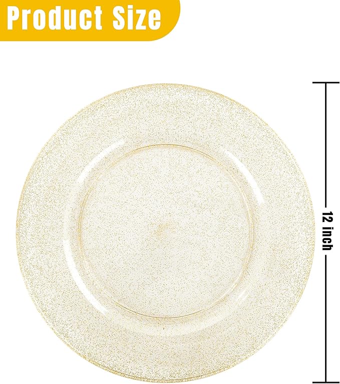 WDF 25PCS Glitter Gold Charger Plates - 12inch Gold Charge for Dinner - Plastic Chargers for Wedding Birthday Party Valentine's Day