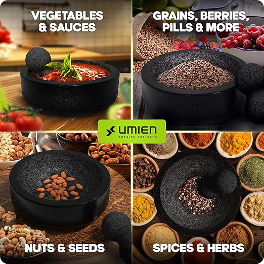 Umien Granite Mortar and Pestle Set - 8-Inch Natural Stone Molcajete with Avocado Tool - 3.5 Cup Capacity for Spices, Herbs, Pestos & Guacamole - Premium Kitchen Christmas Gift (Black)