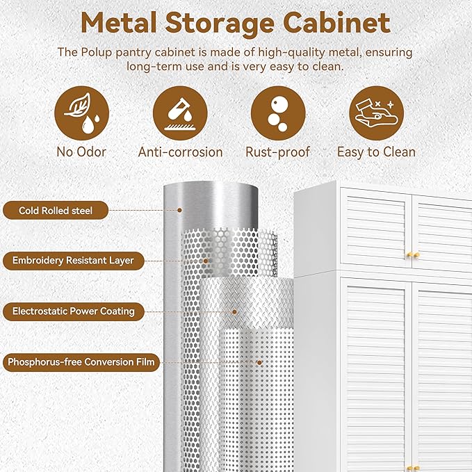 Kitchen Pantry Cabinet, 90" Tall Metal Storage Cabinet, Food Pantry cabinets with Doors and Shelves, Steel Cabinets for Living Room, Dining, White,16" D x 32" W x 90" H, Assembly Required