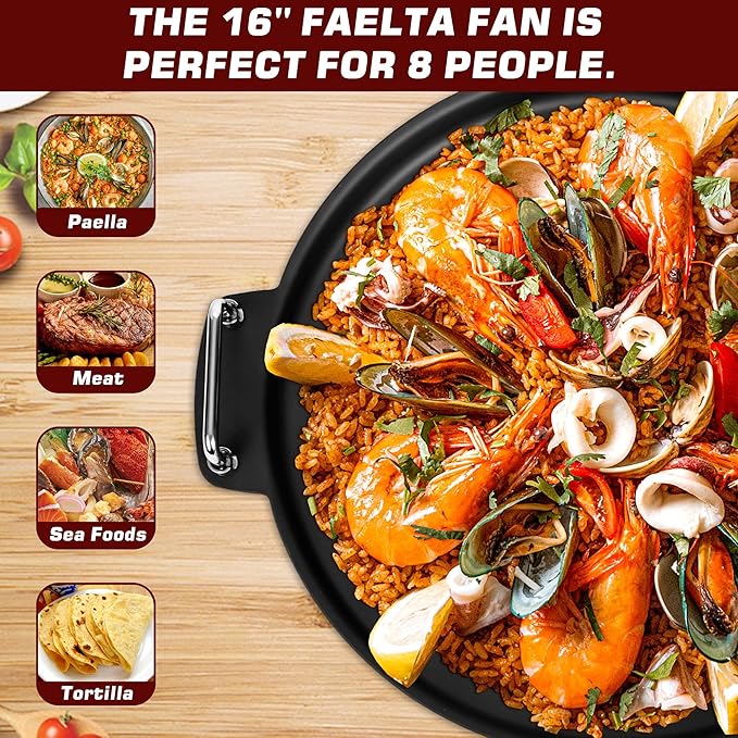 Q044-Paella Pan Set with Burner, 16 Inch Carbon Steel Outdoor Pan and Reinforced/Adjustion Legsfor Outdoor Cooking