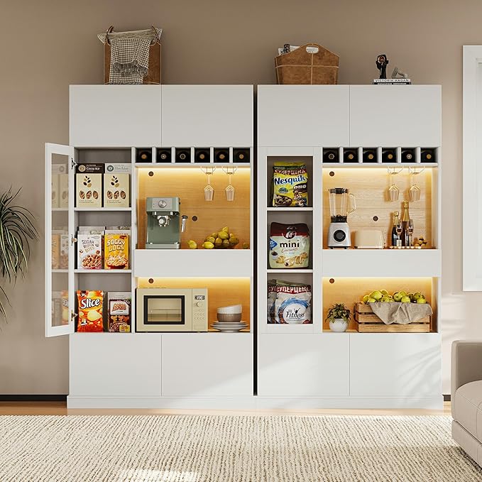 iPormis 69" Tall Kitchen Pantry Storage Cabinet with LED Light & Outlet, Kitchen Hutch with Glass Door & Wine Rack & Microwave Stand & Adjustable Shelf, Coffee Bar Hutch with Countertop, White