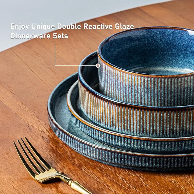 GBHOME Stoneware Dinnerware Sets for 6,Round Reactive Glaze Ceramic Plates and Bowls Set,Highly Scratch Resistant | Dishwasher & Microwave Safe Dishes Set,Service for 6(18Pcs),Ceylon Blue