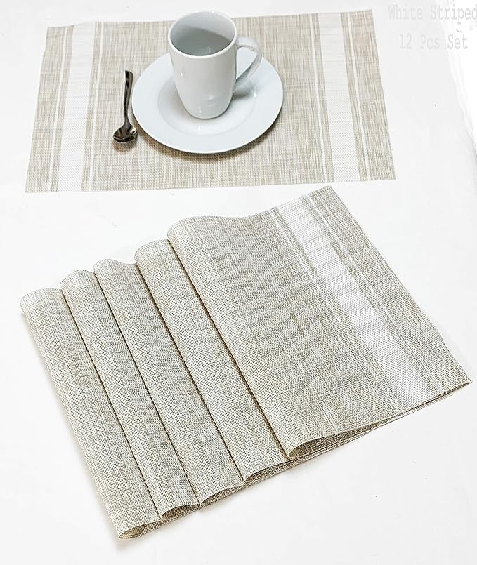Jutemill Set of 12 PVC Vinyl Woven Place mats, Heat Insulation Stain Resistant Placemats for Dining Table Durable Cross Weave Woven Vinyl Kitchen Table Mats Placemat (White Gray)