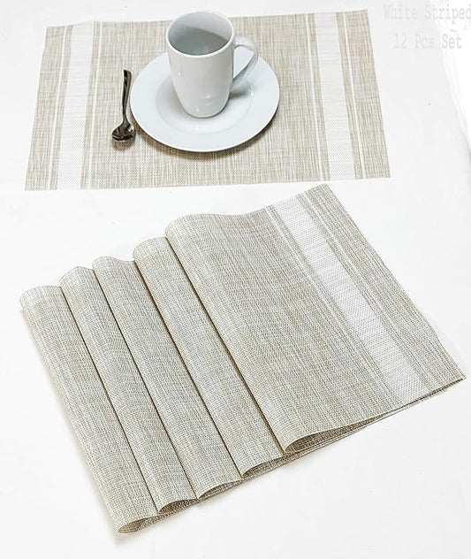 Jutemill Set of 12 PVC Vinyl Woven Place mats, Heat Insulation Stain Resistant Placemats for Dining Table Durable Cross Weave Woven Vinyl Kitchen Table Mats Placemat (White Gray)