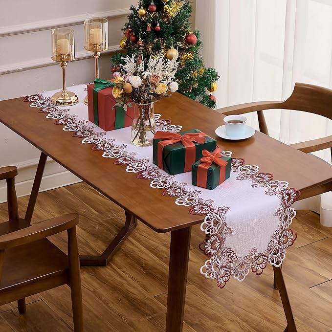 Raedan White Dark Red Jacquard Lace Table Runner 36 inches Long, Claret Dresser Scarf Table Topper for Kitchen Coffee Table Wedding Party Home Decor (Floral Dark Red, 16?쓝36??