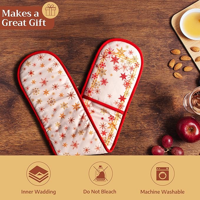 Maison d' Hermine Double Oven Mitt (7" x 35") 100% Cotton Heat Resistant BBQ Cooking Gloves with Loop for Thanksgiving Christmas Decorations Baking Cooking Barbeque Handling Hot Pan (Crystal Star)