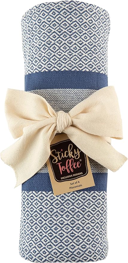 Sticky Toffee Cotton Placemats Set of 4 ??Blue Woven 14x19 in Table Mats for Kitchen or Dining Table, Boho Style, Washable Cloth Placemats
