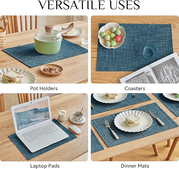 Softalker Faux Linen Placemats Set of 8-12 x 18 Inch, Heat Resistant Double Layered Durable Burlap Farmhouse Place Mats, Non-Slip Washable Rustic Table Mats for Dining, Kitchen, Party竊늇eal
