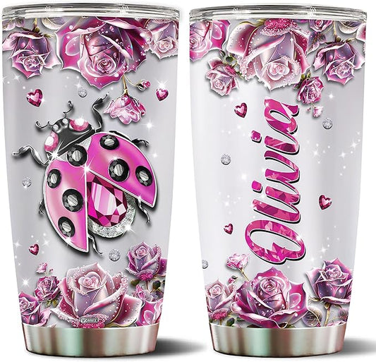 WONWIX Personalized Insulated Stainless Steel Ladybug Gifts for Women, 20oz Travel Mug Tumbler Water Bottle, Cup for Girls, Wife, Daughter, Perfect for Christmas, Birthday, Mother's Day, Valentine