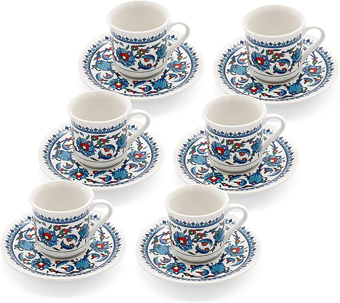 Turkish Coffee Cup Set of 6 with Saucers & Holder ??Ceramic, Dishwasher-Safe, Keeps Warm ??Patterned Turkish Espresso Cups Set for Home & Office (Set Of 6)