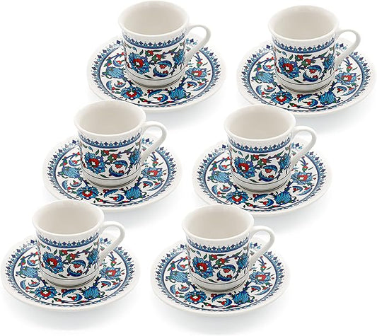 Turkish Coffee Cup Set of 6 with Saucers & Holder ??Ceramic, Dishwasher-Safe, Keeps Warm ??Patterned Turkish Espresso Cups Set for Home & Office (Set Of 6)
