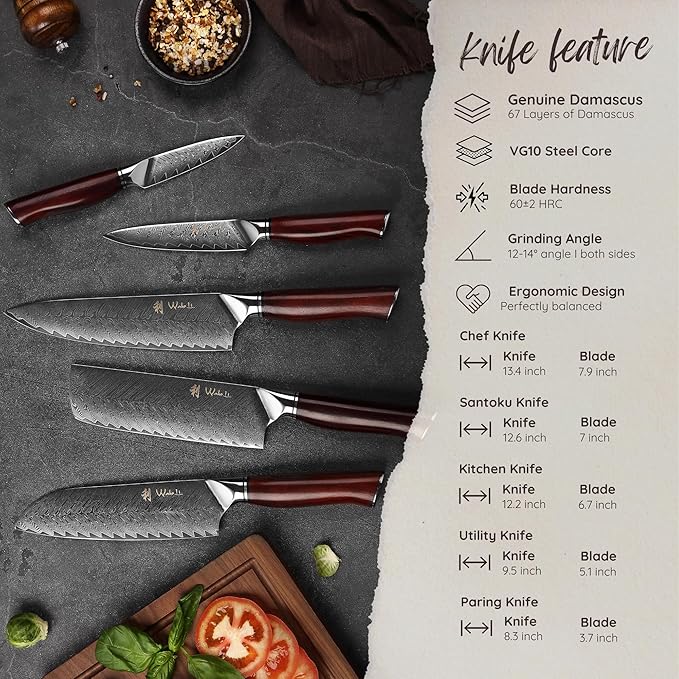 Wakoli Rose Elegance Knife Block Set ??5-Piece Professional Damascus Kitchen Knife Set with Magnetic Block ??67-Layer Damascus Steel with VG10 Core, Ergonomic Rosewood Handles in Gift Box