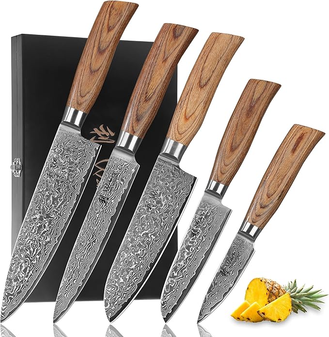 Wakoli EDIB Pro 5-Piece Damascus Knife Set ??Professional Chef Knives Set with VG10 Core Blades, 67-Layer Damascus Steel and Ergonomic Pakkawood Handles ??Premium Kitchen Knives in Wooden Gift Box