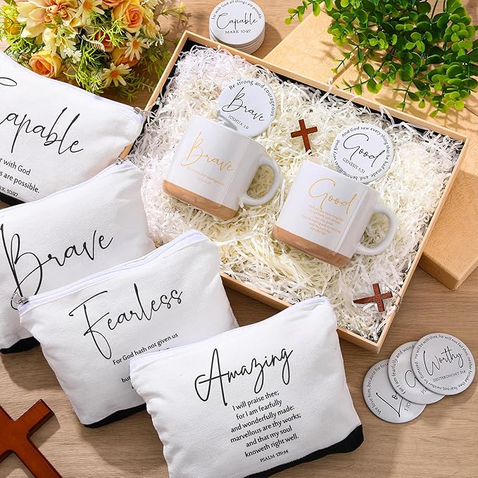36 Pcs Inspirational Christian Gift for Women Bulk 13 oz Ceramics Bible Verse Coffee Mugs Religious Makeup Bags Compact Mirrors Church Gift for Mom Wife Godmother Teacher(White)