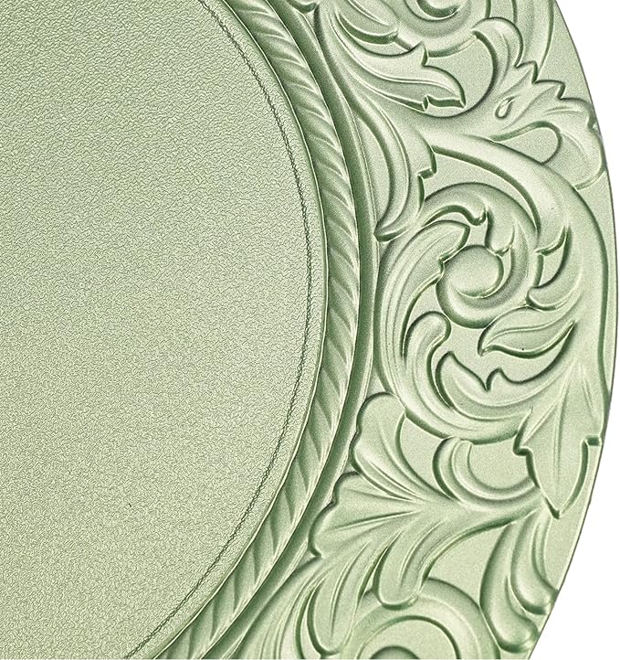 100pcs Green Charger Plates, 13" Round Reusable Decorative Flower Relief Carving Bulk Chargers for Dinner Plates, Wedding, Bridal Shower