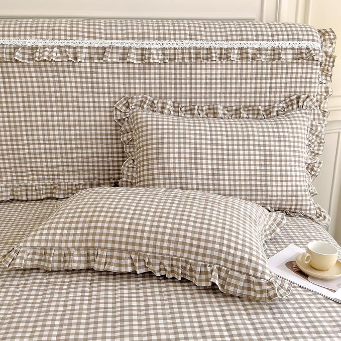 LifeTB Tan Gingham Comforter Set Full Vintage Ruffle Taupe Plaid Comforter Set 3 Pieces Soft Fluffy Grid Checkered Pattern Comforter with 2 Pillowcases Farmhouse Gingham Bedding Comforter Full