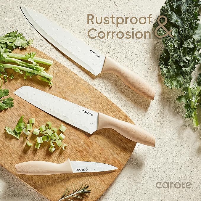 CAROTE 12PCS Knife set with Blade Guards,Granite Nonstick Ceramic Coating,Stainless Steel blade, Wood Grain Handle, Essential knife set,White