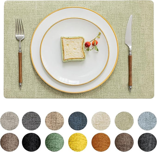 Romanstile Vinyl Placemats Set of 12-12 X 17 Inch - Heat Resistant Place Mats 100% Waterproof Oilproof Wipeable Reversible Faux Leather Table Mats for Kitchen, Dining, Party, Outdoor, Grass Green