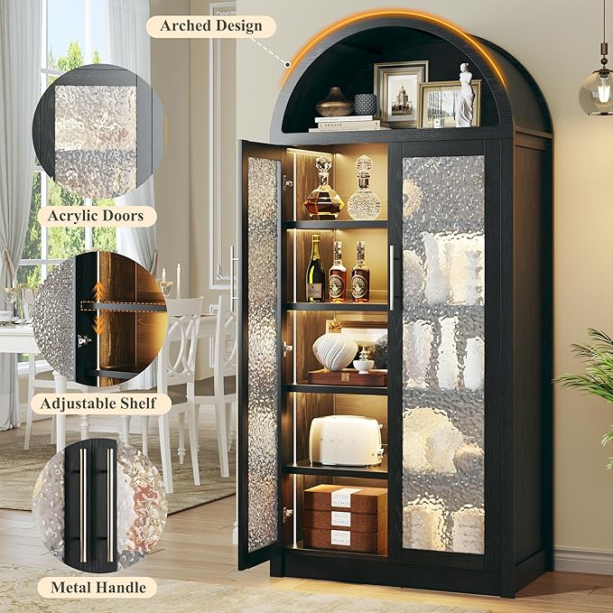 71" Tall Arched Cabinet with 3 Color Lights, Kitchen Pantry Storage Cabinet with Glass Doors & Adjustable Shelves, Modern 6-Tier Display Cabinets for Living Room, Dining Room, Black