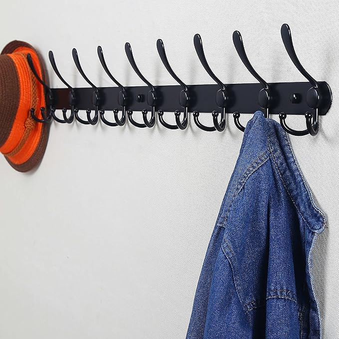 Dseap Coat Rack Wall Mount - 38??Long 10-Tri-Hooks Heavy Duty Coat Hanger Rail Wall Hooks for Hanging Coats Hats Clothing Clothes Purse Mudroom Entryway, Black, Pack of 2