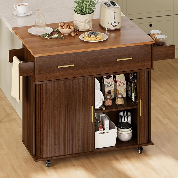DHH Rolling Kitchen Island with Drop Leaf Countertop&Ample Storage - 39.4" Small Mobile Kitchen Cart On Wheels with Sliding Door,Drawers,Spice Rack & 2-Tier Storage (Walnut)