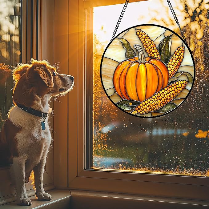 Stained Glass Window Hanging Autumn Harvest Pumpkin Corn 6.3" - Suncatcher Door Garden Kitchen Sunroom Sun Catcher Fall Home Decor Birthday for Mom Grandma Men Woman