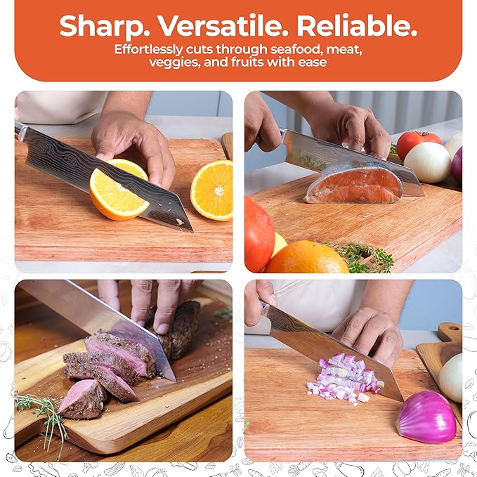 Gidli 8-Inch Chef Knife with Diamond Sharpener ??Sharp Kitchen Knife Made of German Carbon Stainless Steel with Ergonomic Wooden Handle for Slicing, Chopping&Dicing of Meat, Seafood -Gift Box Included