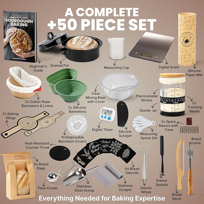 Super Deluxe All-Inclusive ?뿣?뿥?뿕?뿞?뿙?뿨?뿞 Sourdough Starter Kit with Pot. Sourdough Bread Baking Supplies, Scale, Oval & Round Baking Slings, 4 proofing Baskets, Bowl, Timer, Beginner Guide & Recipes