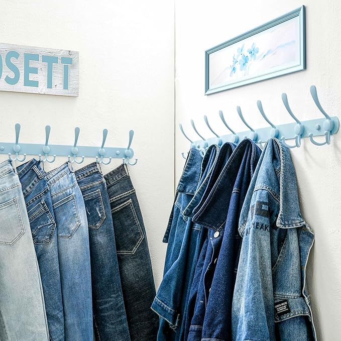 Dseap Coat Rack Wall Mount - 29.5??Long 8-Tri-Hooks Heavy Duty Coat Hanger Rail Wall Hooks for Hanging Coats Hats Clothing Clothes Purse Mudroom Entryway, Blue
