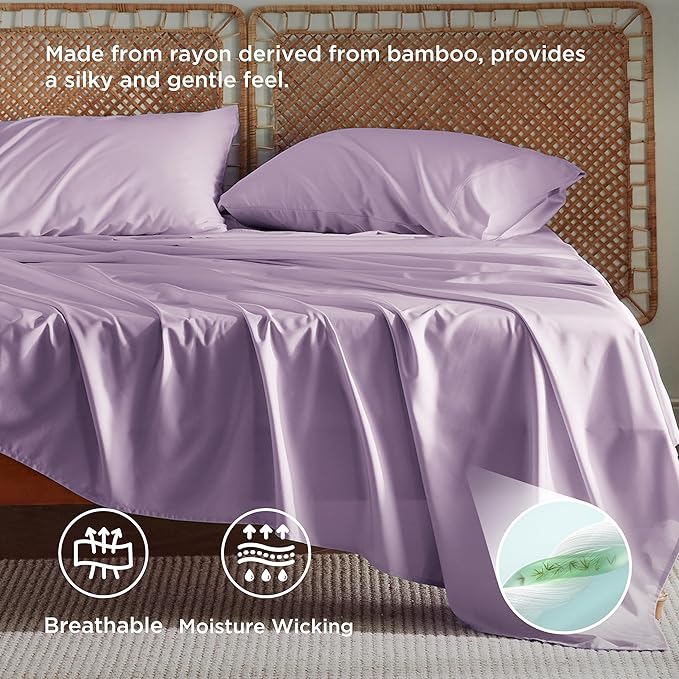 Bedsure Queen Sheet Set, Rayon Derived from Bamboo, Cooling Sheets, Breathable & Soft, Deep Pocket Up to 16 Inches, Hotel Luxury Silky Bedding for Hot Sleepers, Lilac