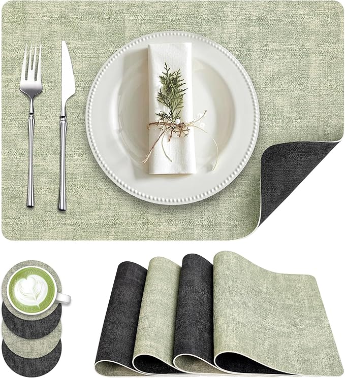 Fyvva Placemats Set of 4, Faux Leather Heat Resistant Wipeable Placemats, Dual Sided Waterproof Washable Table Mats with Coaster, Suitable for Kitchen, Dining, Table Decor (4, Black Light Green)