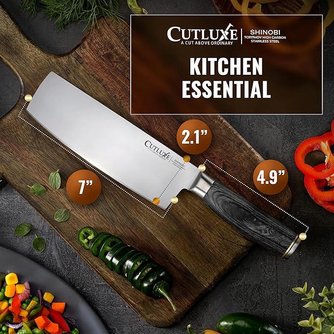 Cutluxe Nakiri Knife ??Ultra Sharp 7" Vegetable Japanese Knife for Chopping, High Carbon Stainless Steel Blade, Full Tang Pakkawood Handle ??Shinobi Series