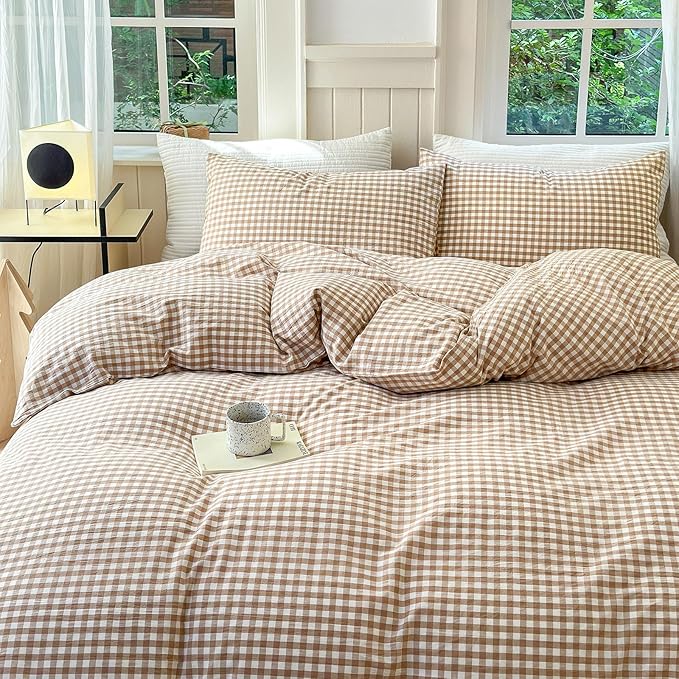 LifeTB Tan Gingham Comforter Set Full Modern Style Beige Plaid Comforter Set 3 Pieces Soft Fluffy Grid Checkered Pattern Comforter with 2 Pillowcases Farmhouse Gingham Bedding Comforter Full