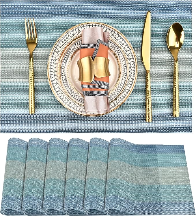 SLKQG Placemats Set of 6 - Easy Clean Washable Vinyl Placemats - Wipeable Heat Resistant Table Mats for Dining Table - 17.7x11.8 Inch (6, Blue Gradient)