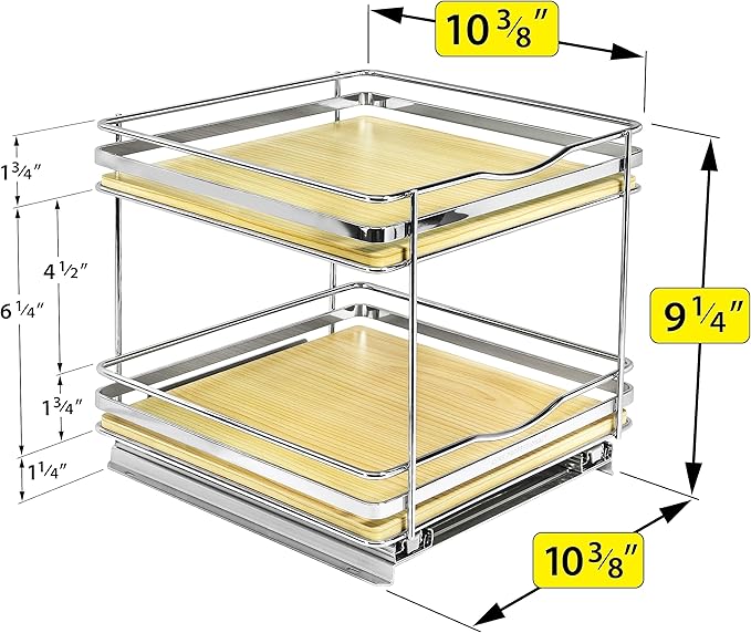 LYNK PROFESSIONAL짰 횋lite??Pull Out Spice Rack Organizer for Inside Kitchen Cabinets - 10-3/8 inch Wide - Slide Out Drawer ??Wood/Chrome Sliding Spice Cabinet Organization Shelf Racks - 2 Tier