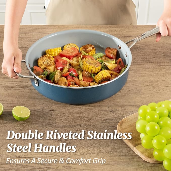 Nonstick Saut챕 Pan with Lid 5 QT Deep Frying Pan with Stainless Steel Helper Handle 12 inch Large Skillet Ceramic Jumbo Cooker for Healthy Cooking, Induction Compatible Cookware, PFOA Free