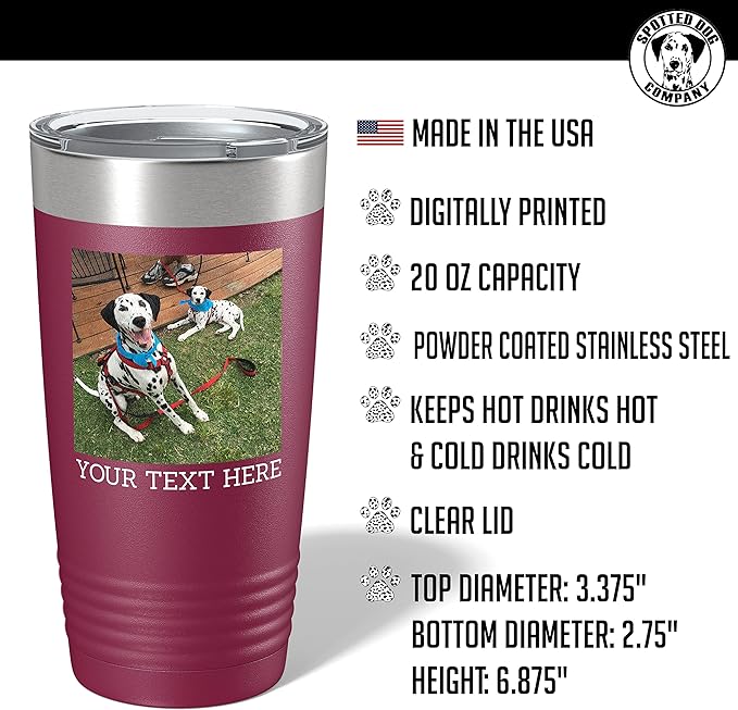 Personalized 20oz (17 Colors) Photo Picture Printed Insulated Stainless Steel Powder Coated Tumbler with Lid ??Customized Mother's Day Gift Gift for Him Men, Custom Coach Gifts Team Mom Dad (Maroon)