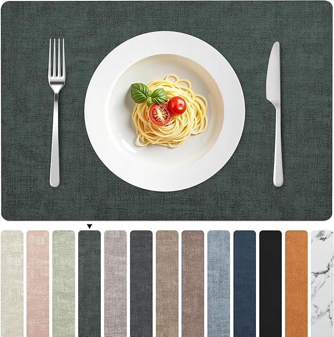 FROMHEART Faux Leather Placemats Set of 8?밯aterproof,Heat/Oil Stain-Resistant PU Table Mat?밨eversible,Non-Slip,Easy to Clean Place Mats for Kitchen,Dining,Indoor/Outdoor,(Dark Green,11.8" x 17")