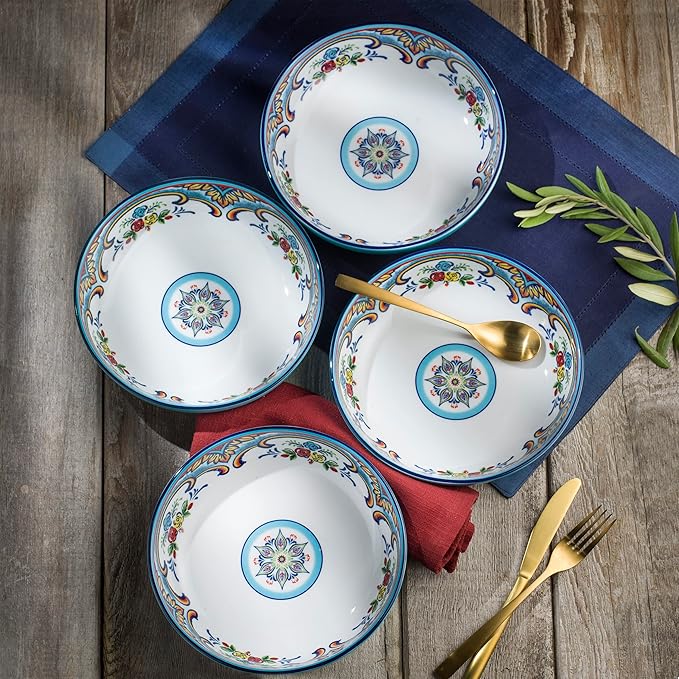 Euro Ceramica Zanzibar Double Bowl 16-Piece Dinnerware Set | Fine Kitchenware | Floral Multicolor Design Stoneware Tableware Service For 4