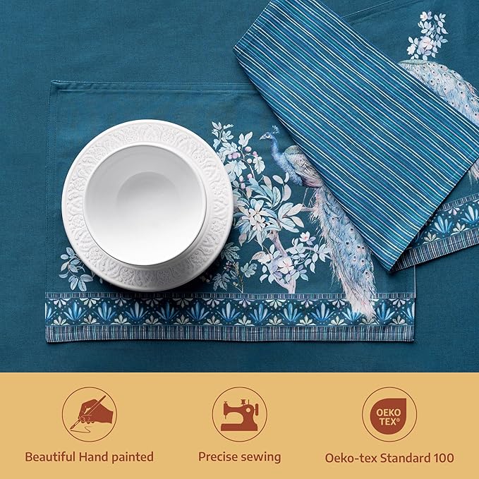 Maison d' Hermine Place Mats 100% Combed Cotton Premium (13 Inch x 19 Inch) Cloth Place Mat Washable Dinner Placemat, Dinner & Dining, Peacock Utopia - Deep Sea (Set of 4)