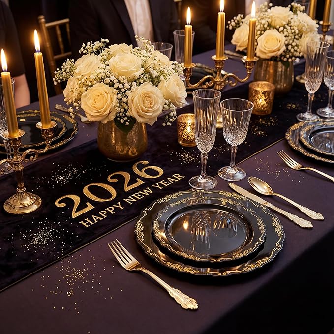 U-QE 100PCS Black and Gold Plastic Plates - Heavy Duty Black Disposable Plates Including 50PCS 10'' Dinner Plates & 50PCS 7.5'' Dessert Plates - Hard Plastic Plates for Party