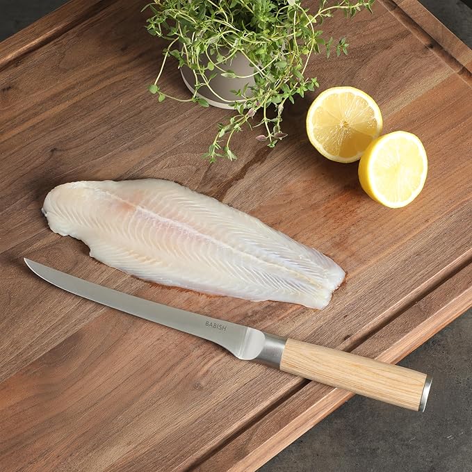 Babish 1.4116 German Stainless Steel Boning & Fillet Knife with Light Pakka Wood Handle ??6-Inch Full-Tang Flexible Kitchen Knife for Meat, Poultry, Fish & Precision Butchering