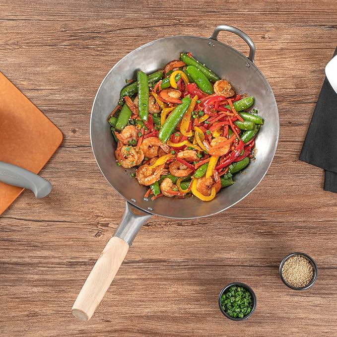 Restaurantware-Motomori 12 Inch Hand-Hammered Carbon Steel Woks, 10 Traditional Japanese Woks - Round Bottom, Wooden Handle, Black Carbon Steel Traditional Stir Fry Pans, With Helper Handle