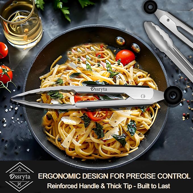 Small Cooking Tong Set of 3 - Mini 7 Inch Stainless Steel Locking Tongs, Heat Resistant to 600째F, Food Grade Kitchen Metal Tong for Food, Salad, Pasta, Steaks, Vegetables - Dishwasher Safe